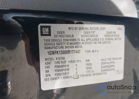 2008 Chevrolet Tahoe Lt из США, поврежденный, VIN 1GNFK13008R171447